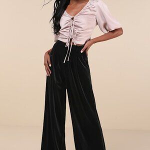 Lulus Chic Splendor Black Velvet Pleated High-rise Wide-leg Pants - Size L